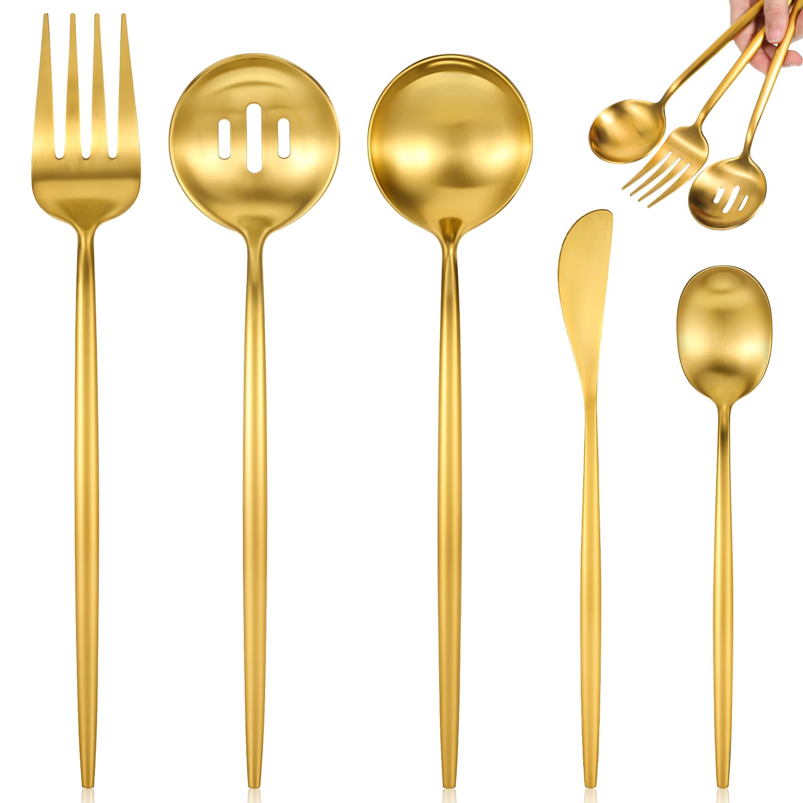 5-Piece gold stainless steel serving utensils set with fork and spoons