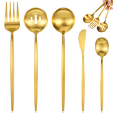 5-Piece gold stainless steel serving utensils set with fork and spoons