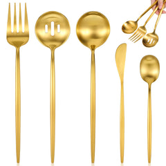 5-Piece gold stainless steel serving utensils set with fork and spoons