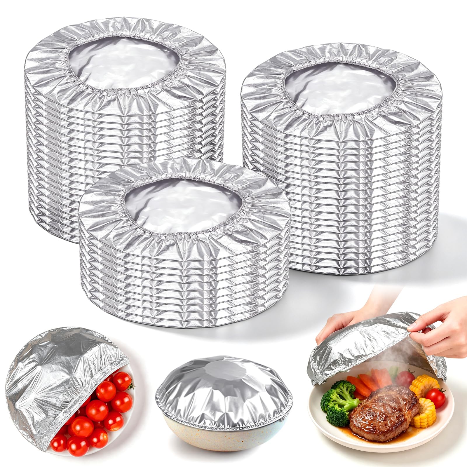 50 pcs reusable aluminum foil food covers with elastic edges for 4 to 9 inch bowls