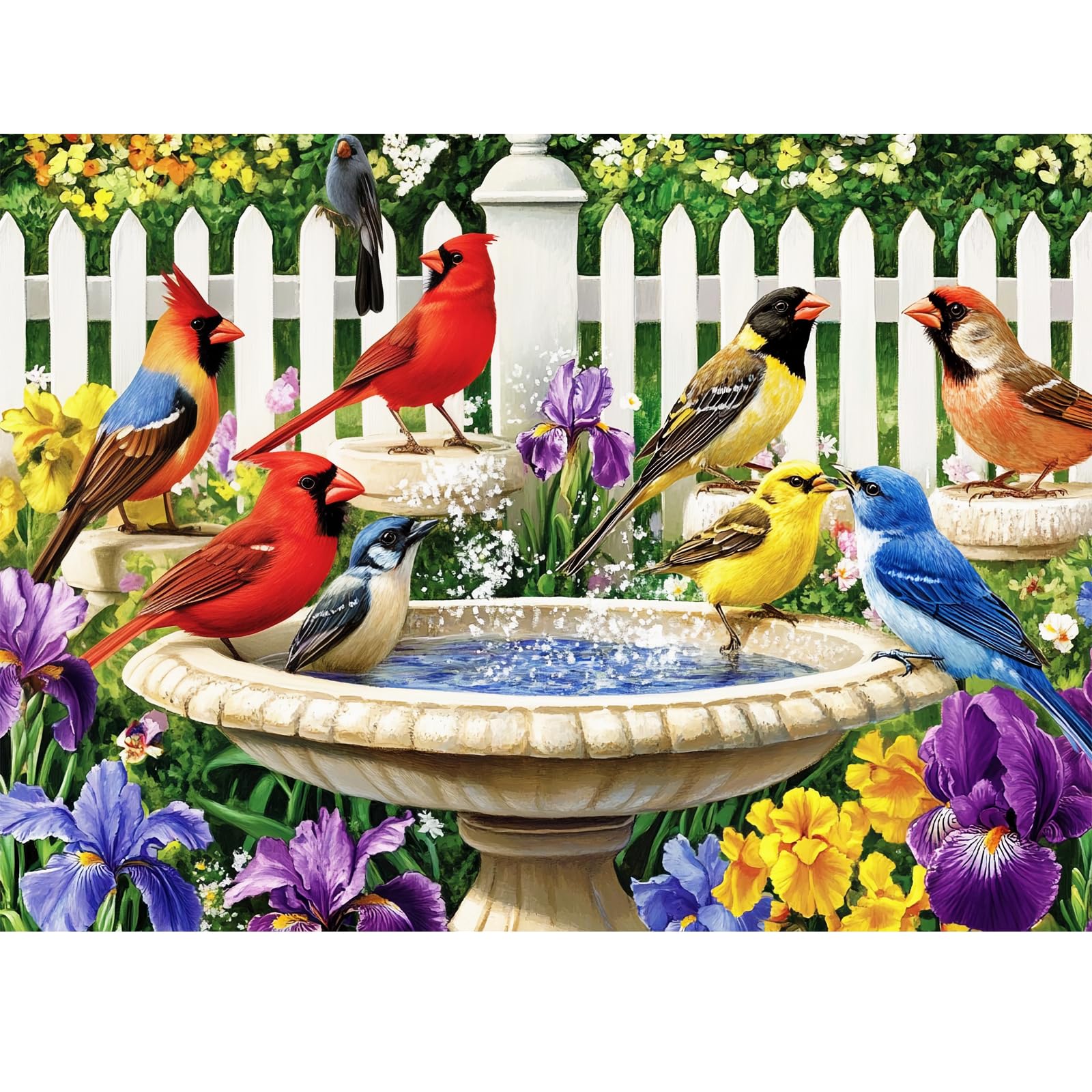 500 piece puzzle for adults featuring colorful birds around a birdbath