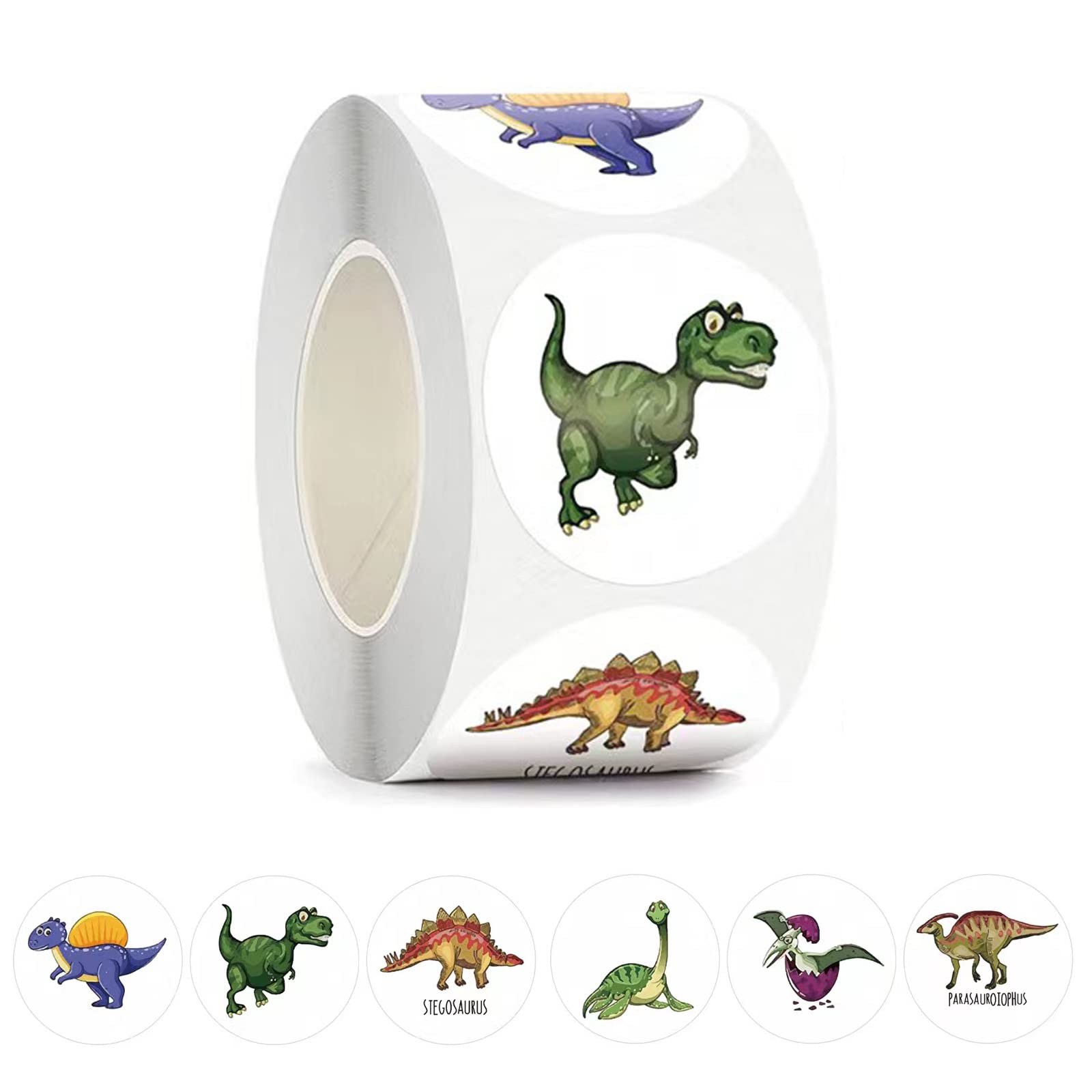 Roll of 500Pcs Dinosaur Stickers featuring 1-inch round dinosaur designs