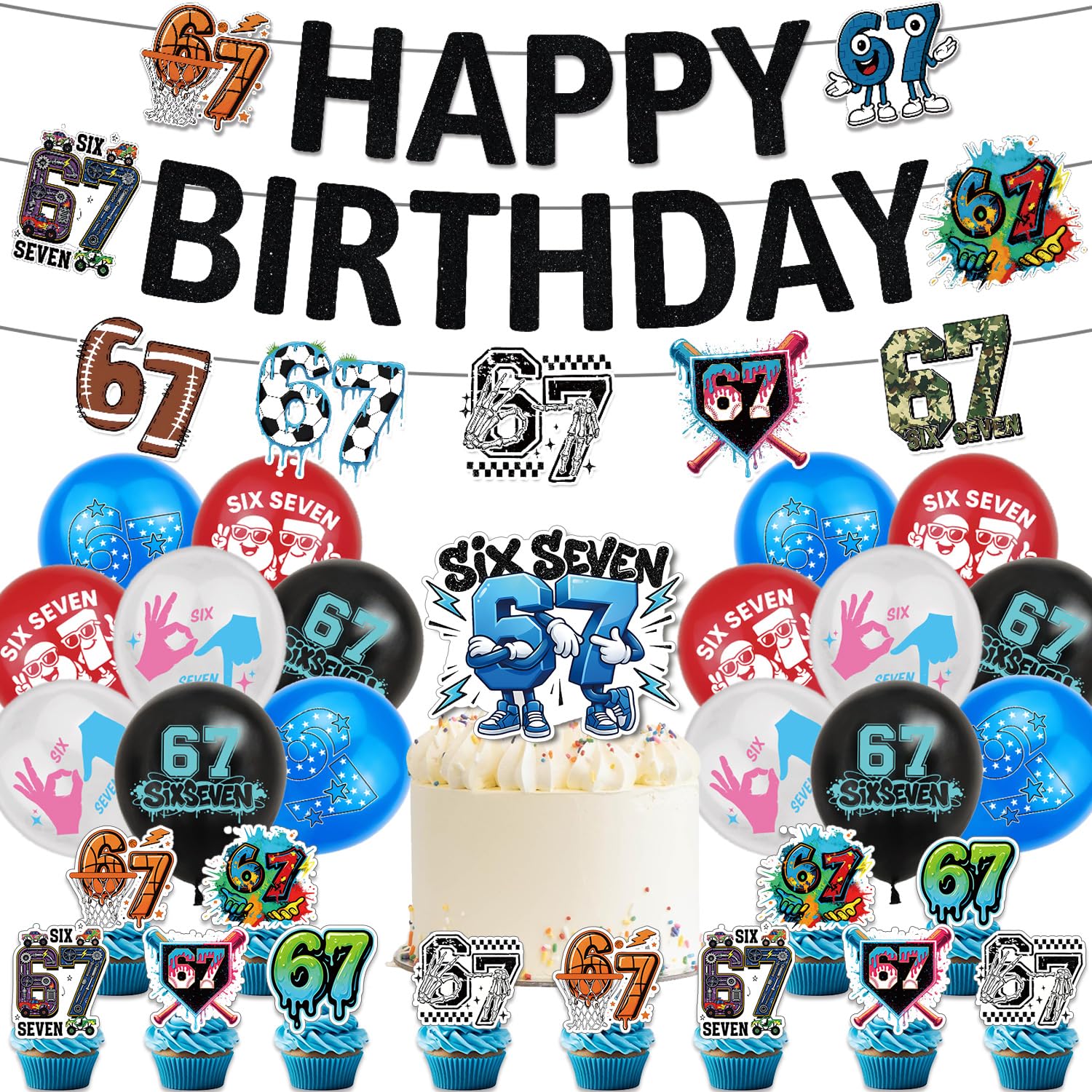 6 7 Birthday Decorations banner and cake topper set