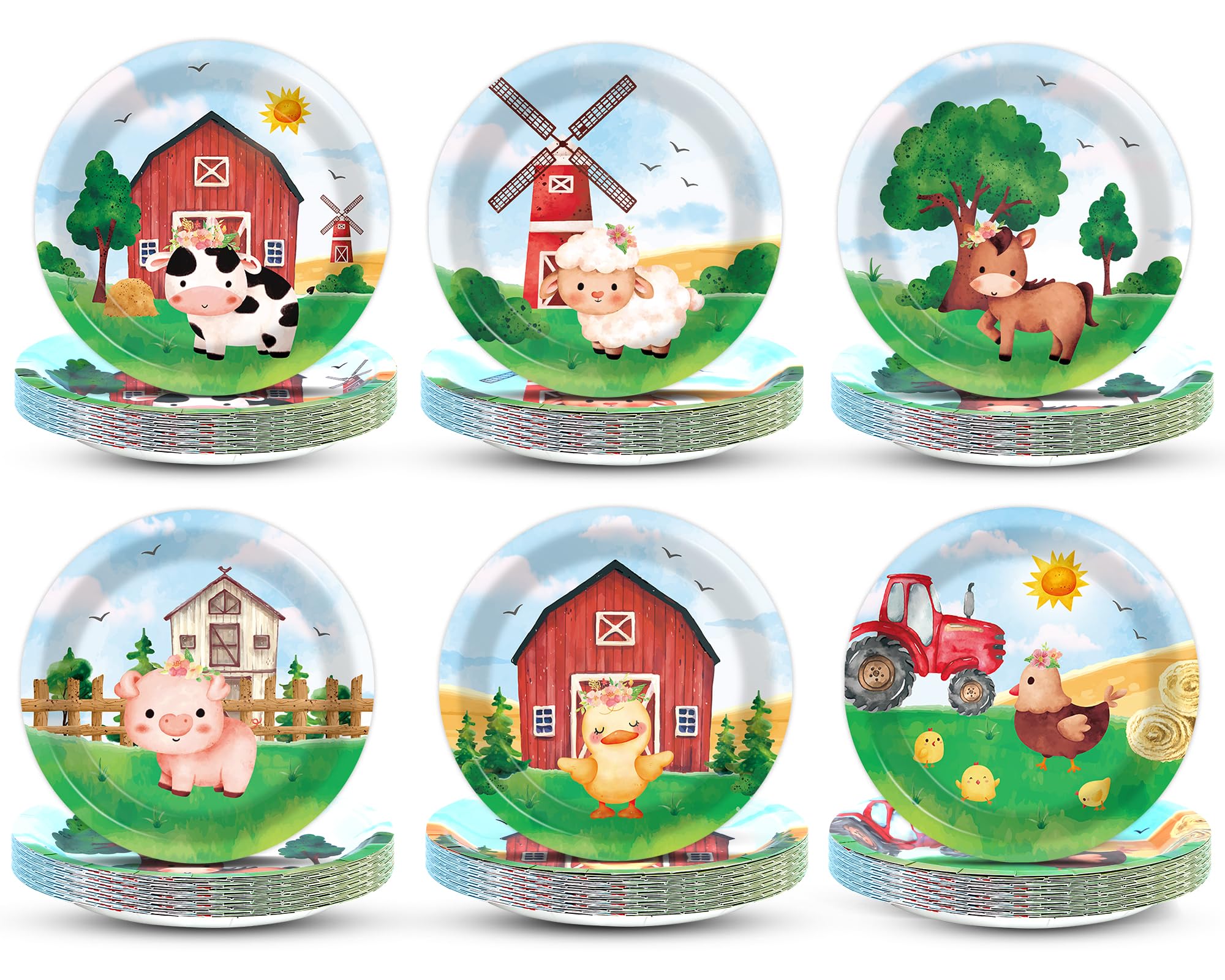 60 piece farm animal plates set with six watercolor designs