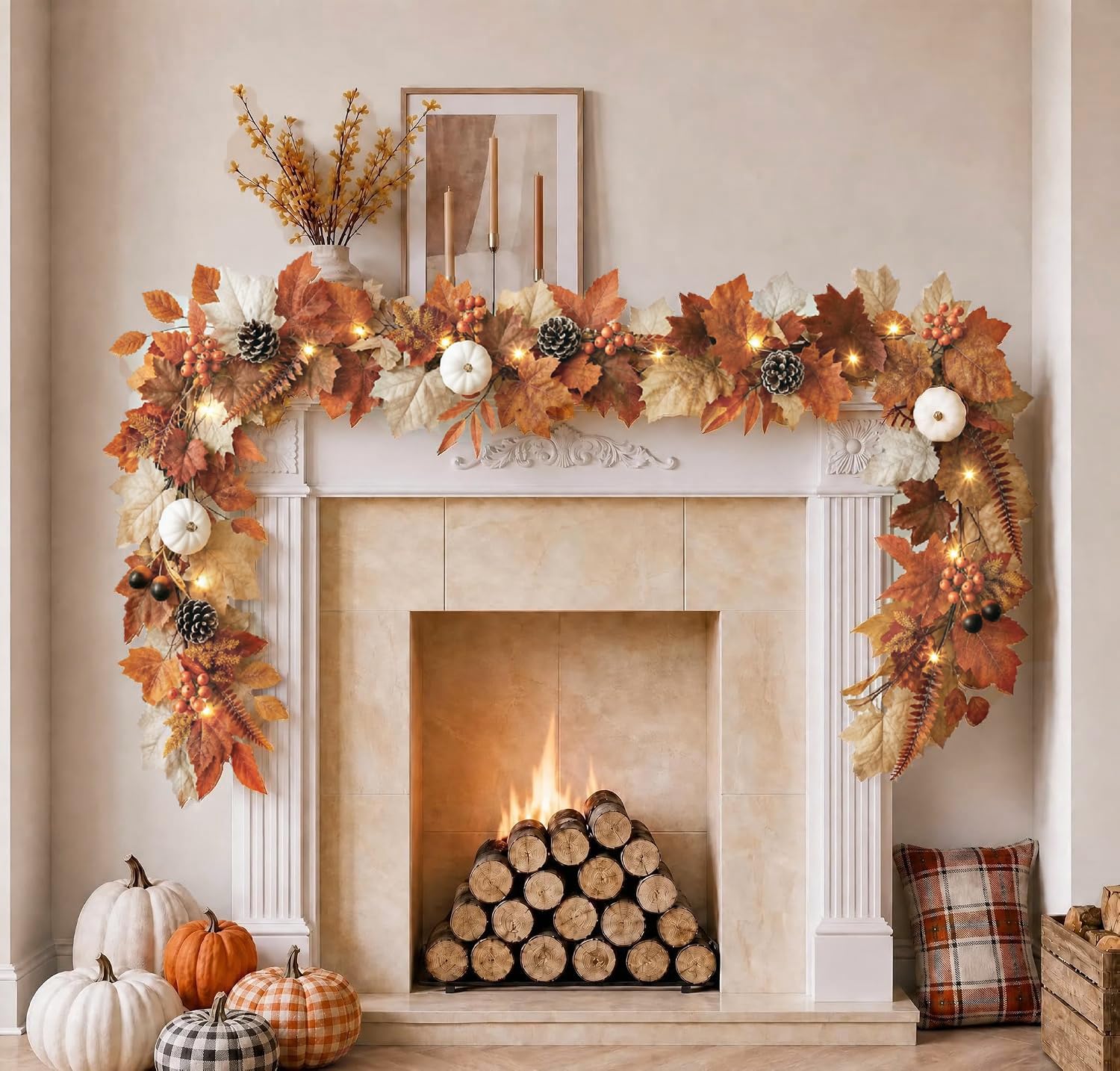 6ft fall leaves garland with lights featuring maple leaves pumpkins and acorns