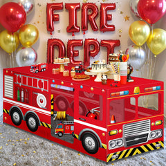 6ft firetruck birthday playhouse tablecloth on rectangular table