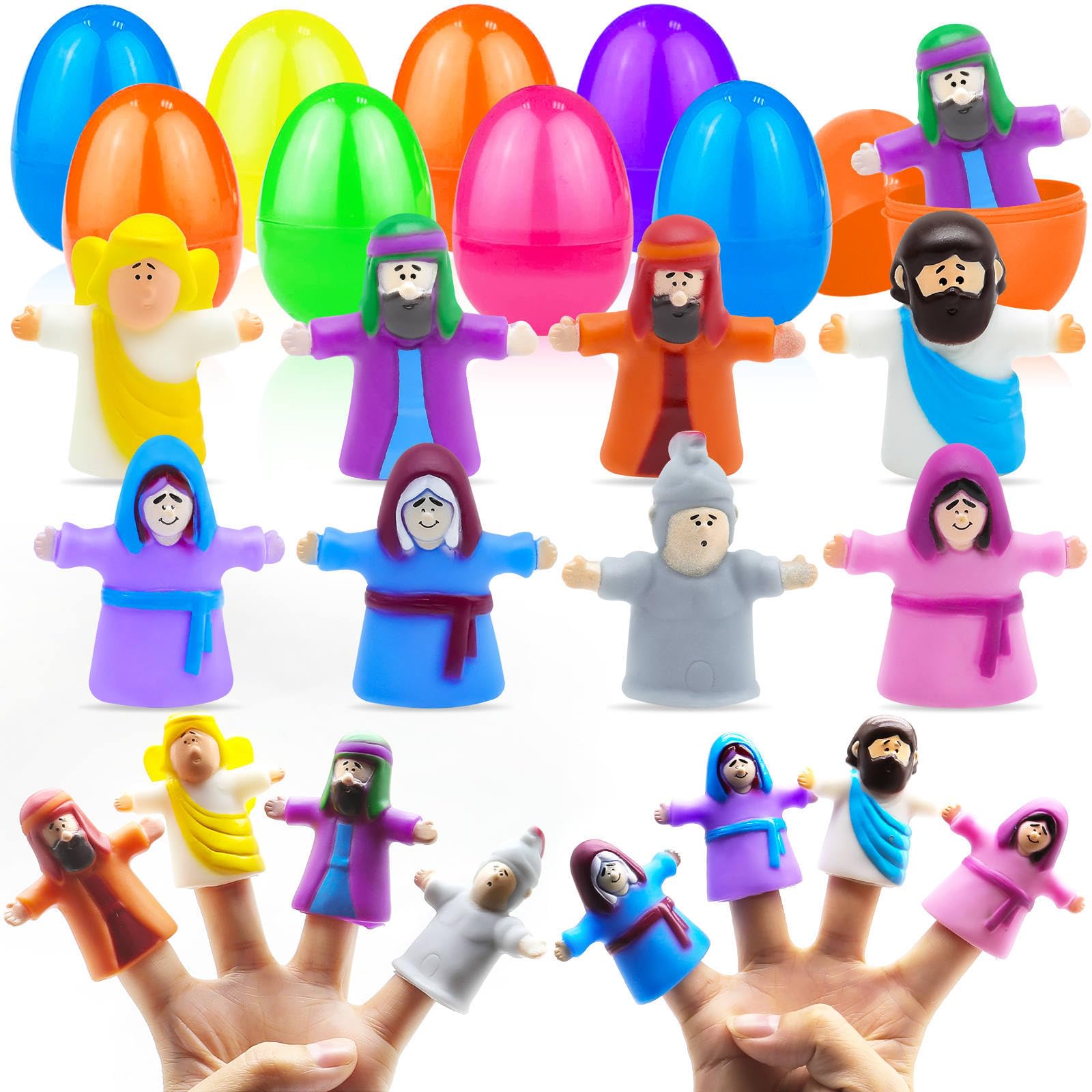 Eight Bible character finger puppets with colorful Easter eggs set