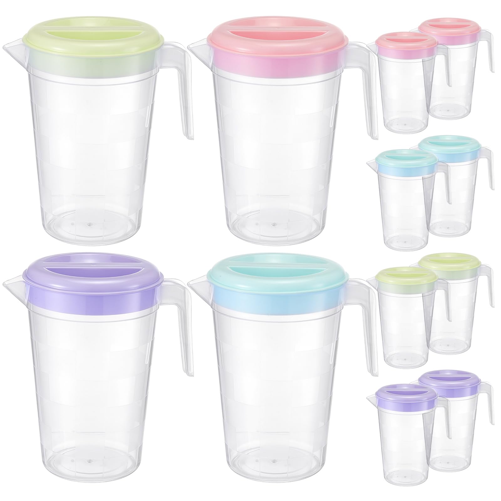 Eight piece 2Qt clear plastic pitcher set with lids and handles
