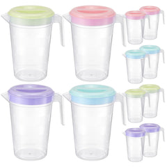 Eight piece 2Qt clear plastic pitcher set with lids and handles
