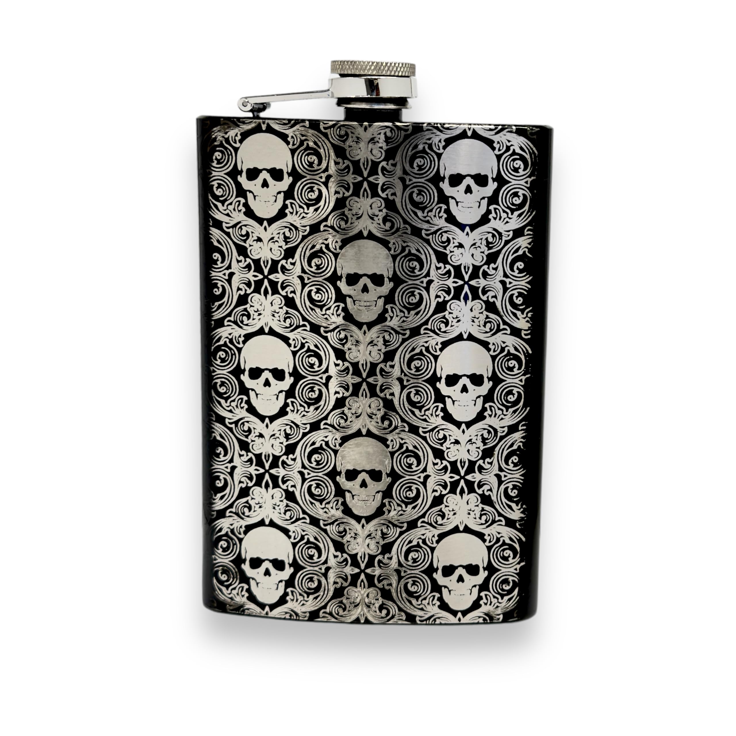 8oz BLACK Gothic Baroque Flask front view
