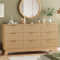 Fluted dresser natural oak front view with 9 drawers