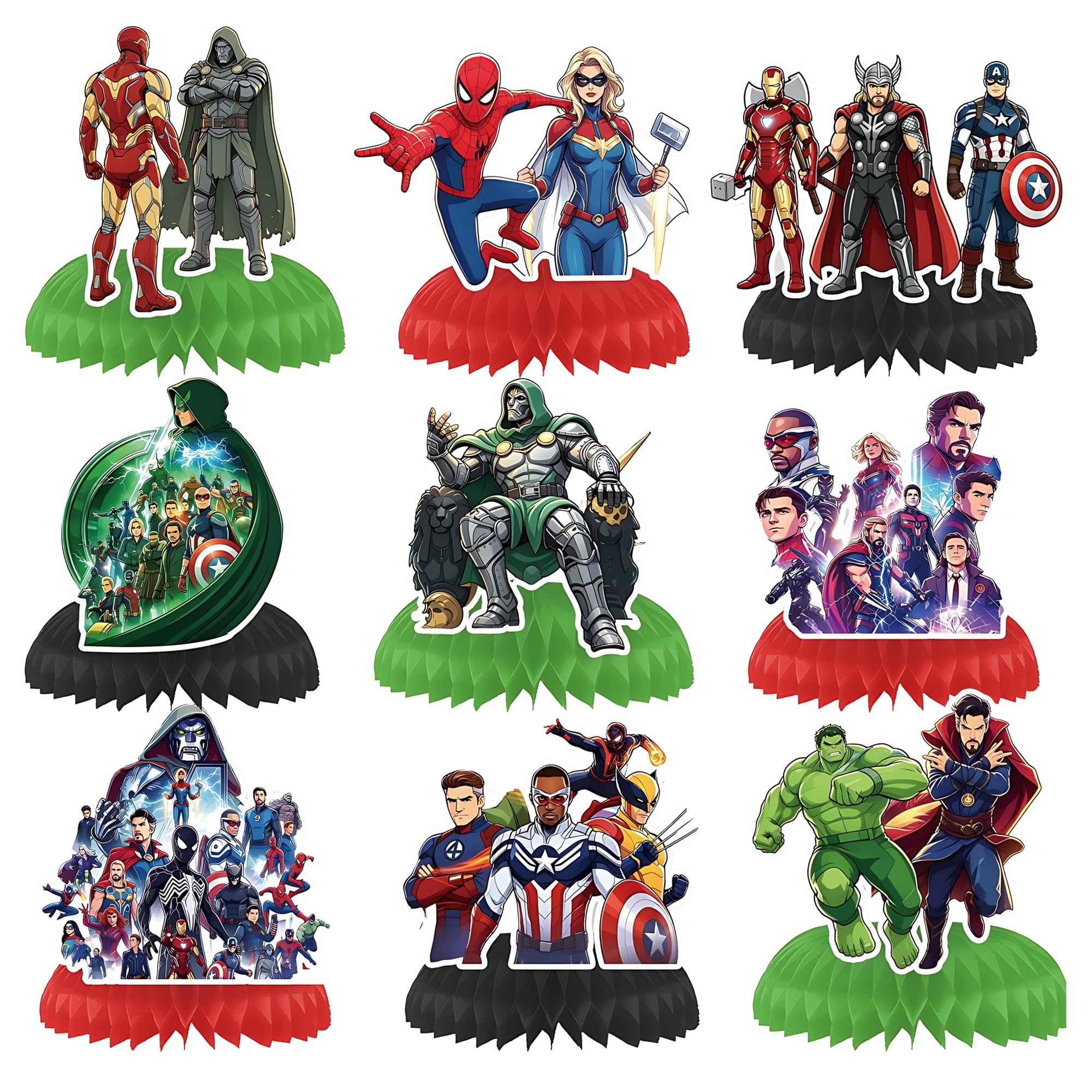 Nine honeycomb table centerpiece for movie theme party featuring unique character designs