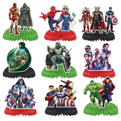 Nine honeycomb table centerpiece for movie theme party featuring unique character designs