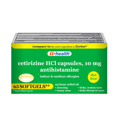 Box of A+Health Cetirizine 10mg Dye Free Liquid Gels 65 Count