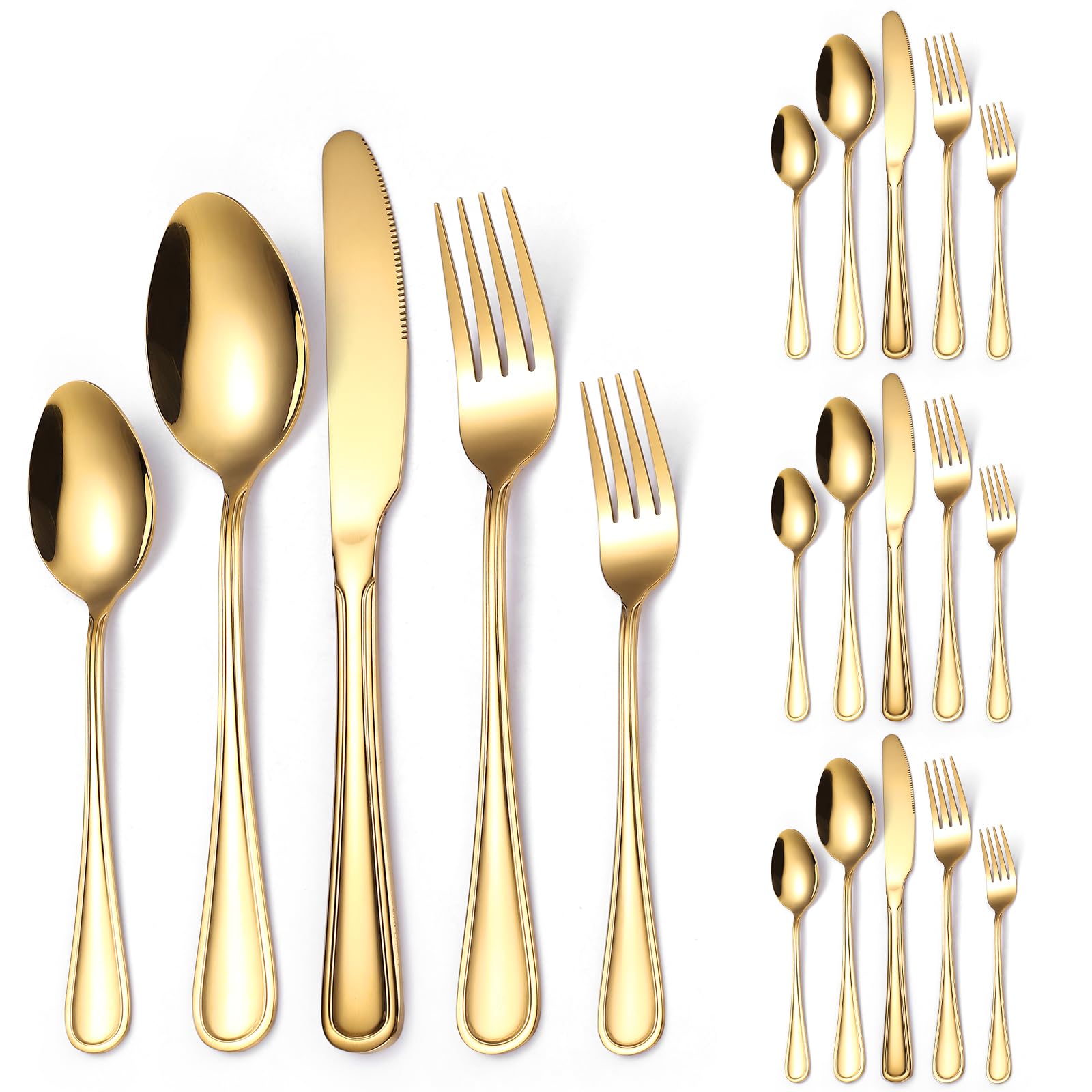 A · HOUSEWARE gold flatware set 4 place setting with double line edge
