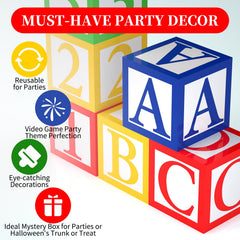 Letters and numbers balloon boxes in red blue yellow green