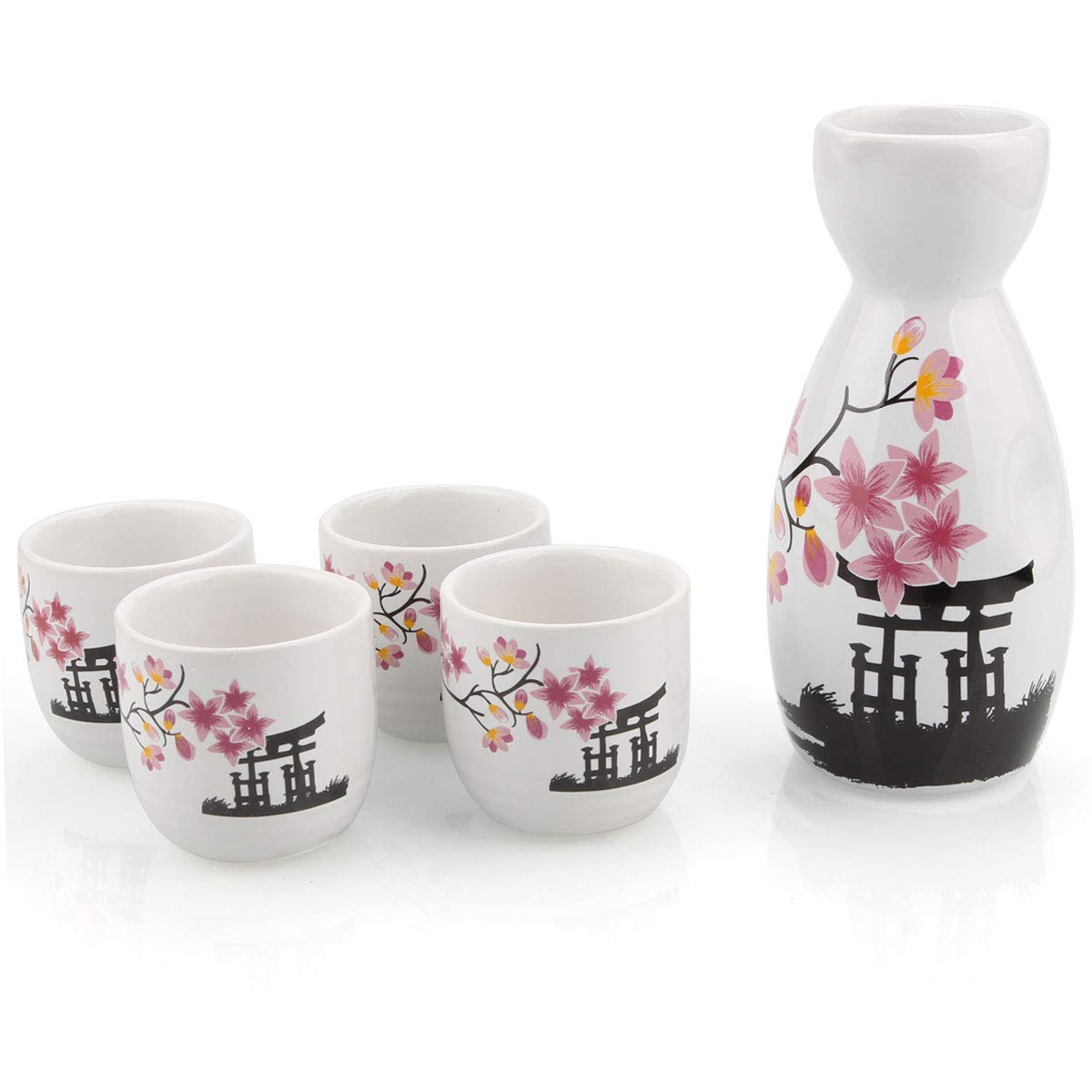 ABuff Tokkuri bottle with accompanying Ochoko cups