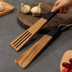 Acacia wood spatula set of two with black handles