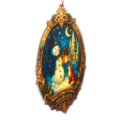 Snowman ornaments with colorful layered artistry