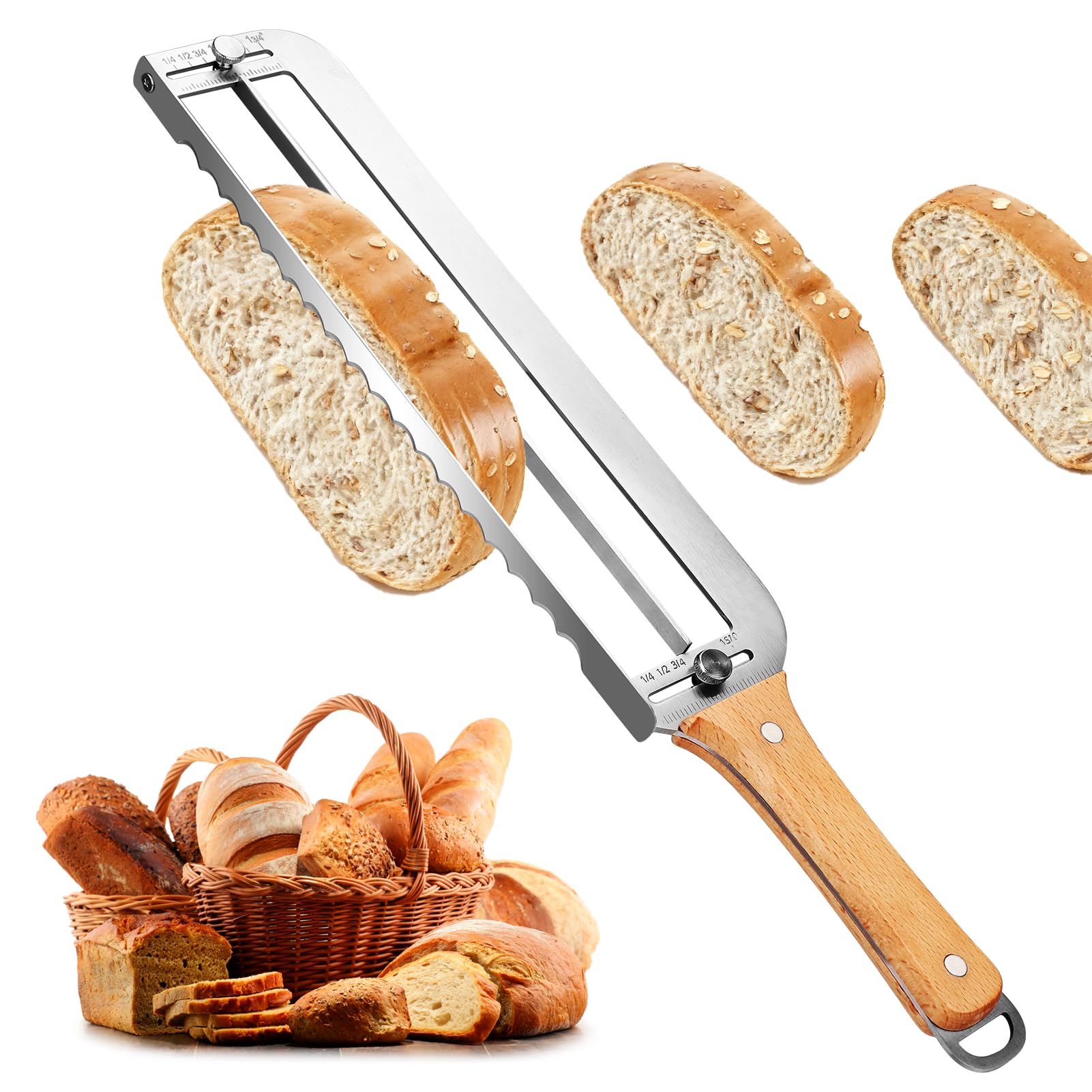 Adjustable Bread Slicer for Homemade Bread with thickness guide and wooden frame