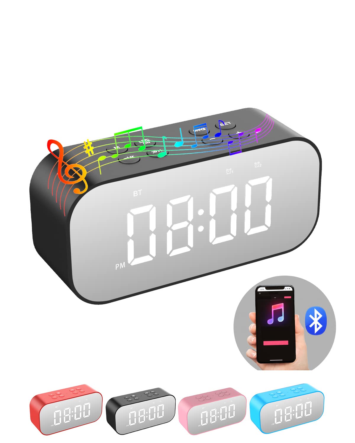 AFK alarm clock with Bluetooth speaker dual alarms and mirror LED display