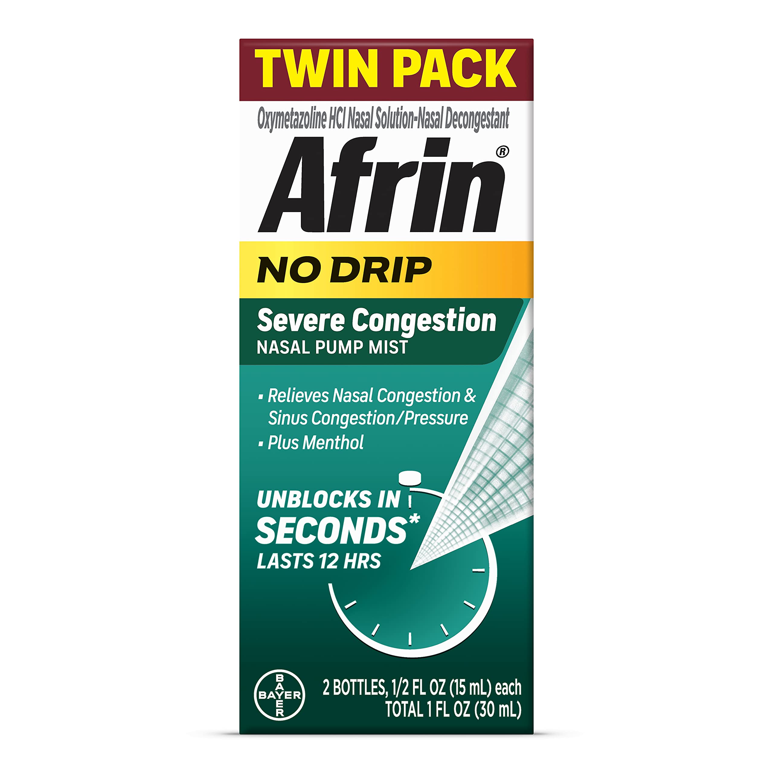 Afrin No Drip Severe Congestion Nasal Spray twin pack bottle 0.5 fl oz