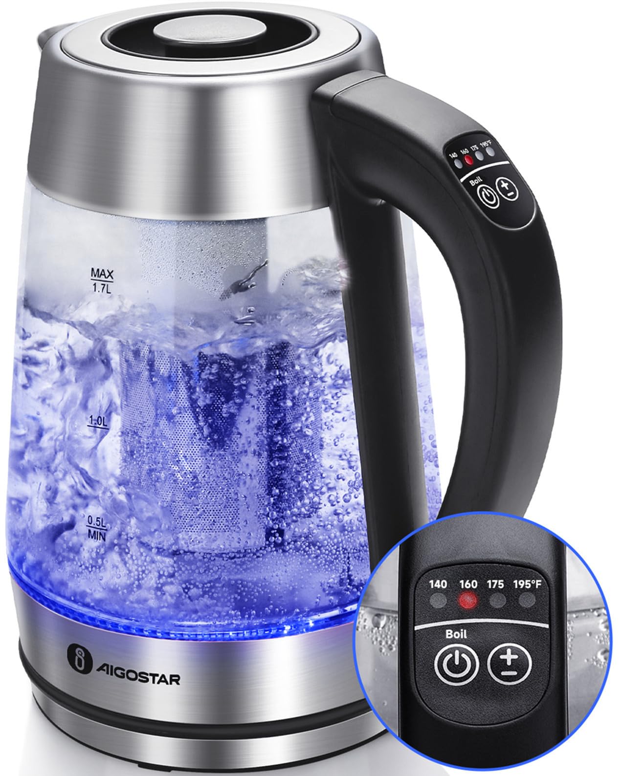 Aigostar electric kettle with borosilicate glass and stainless steel body