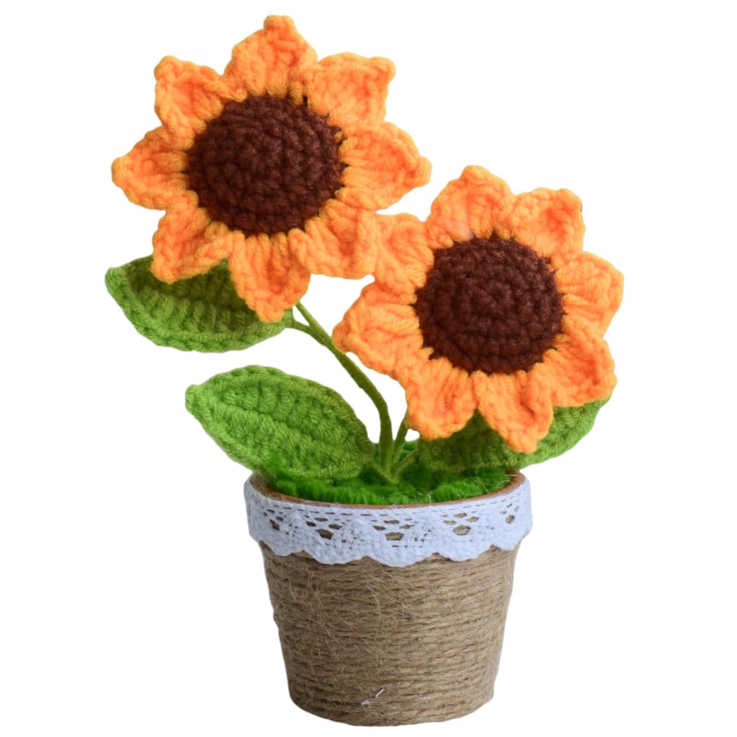 Aiouclay handmade crochet sunflowers in a pot two heads decor