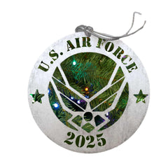 Air Force Logo Christmas Ornament in natural birch wood with metallic silver finish 3.75 in square