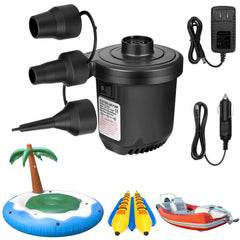 Air pump for inflatables with dual power adapters and multiple nozzle sizes