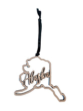 Alaska Christmas Ornament wooden ornament with black ribbon, 4.5 inches long and 4 inches high