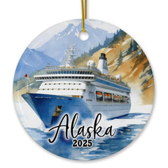 Alaska Cruise Ship Mountains Christmas Ornament front view with blue ship and snowy mountains