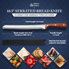 Ergonomic balanced handle on Albert&Grace serrated bread knife