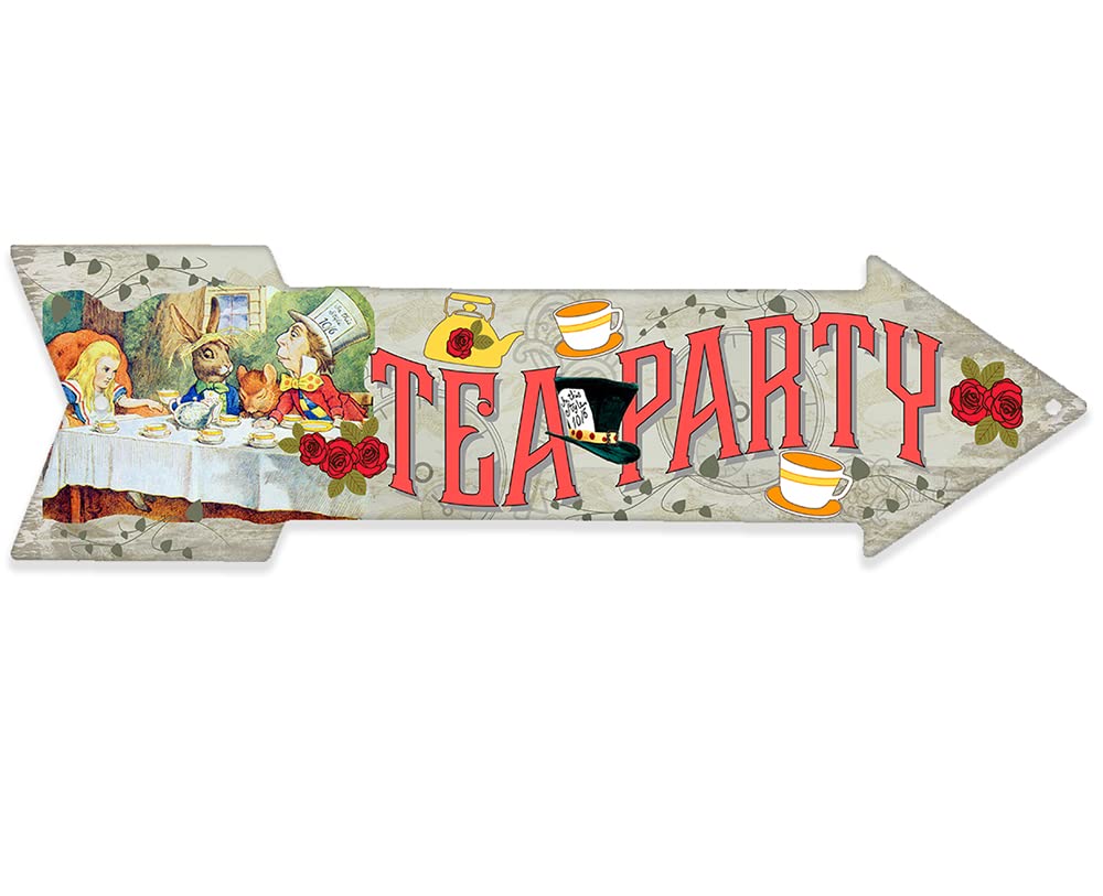 Alice in Wonderland decor directional arrow metal sign close up