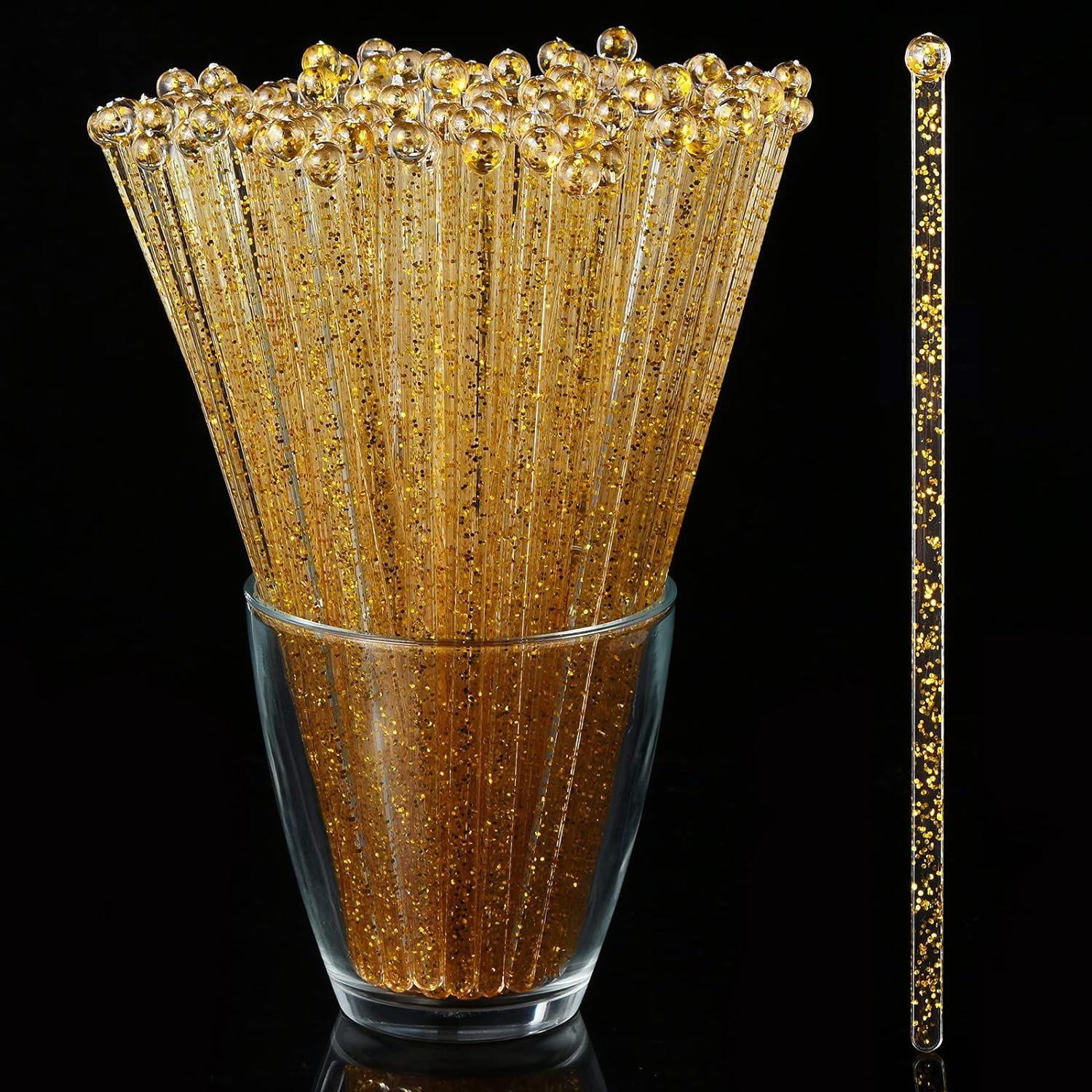 ALINK 50 counts gold glitter swizzle sticks clear design
