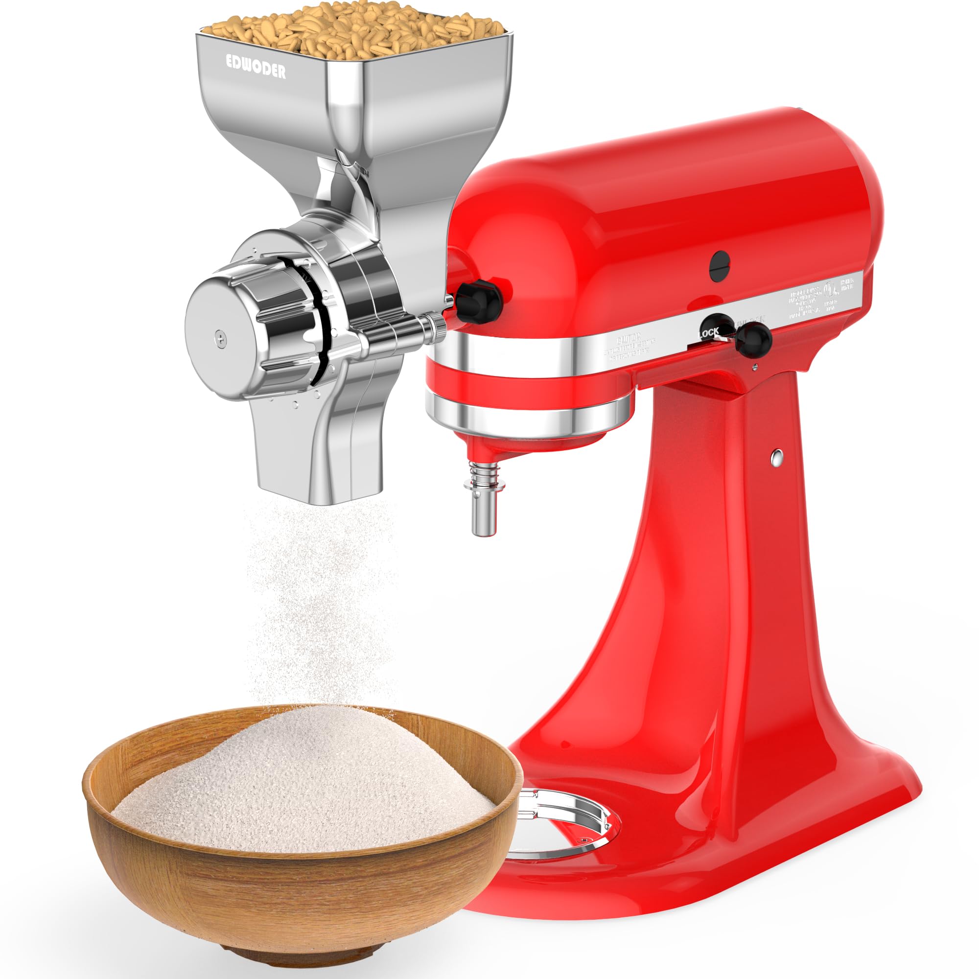 All Metal Grain Mill Attachment connected to KitchenAid Stand Mixer