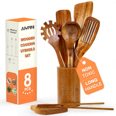 alyfini non-toxic wooden utensils 8-piece set with holder