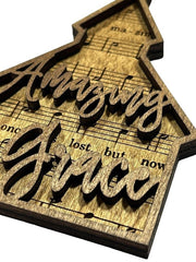 Front view of Amazing Grace Church Hymns Christmas Tree Ornaments two-tone wood