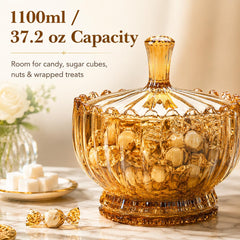 Close up of FUTYA amber glass candy dish with lid