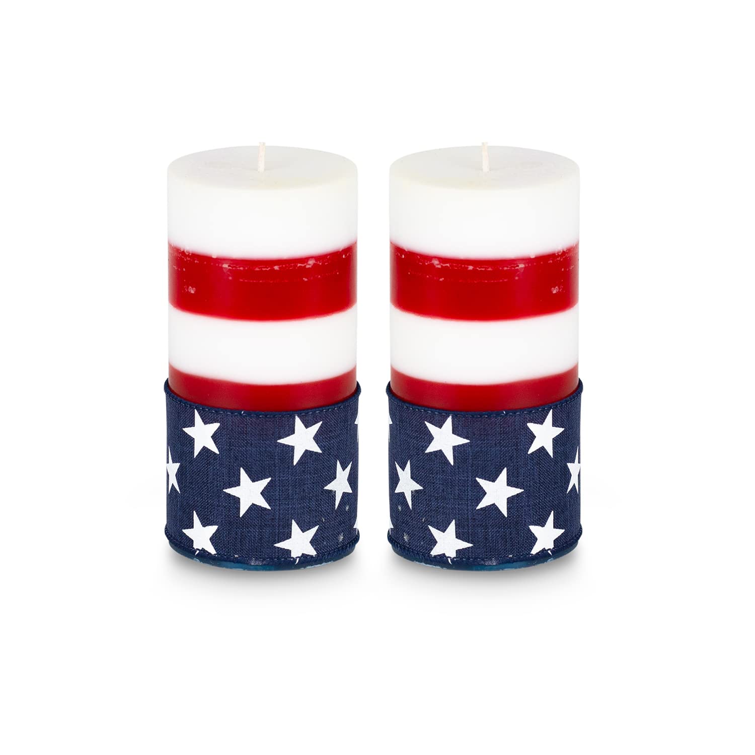 Two American Flag pillar candles 3x6 inches in red white blue