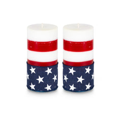Two American Flag pillar candles 3x6 inches in red white blue