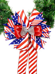 Americana swag bow handmade in USA with rhinestone center
