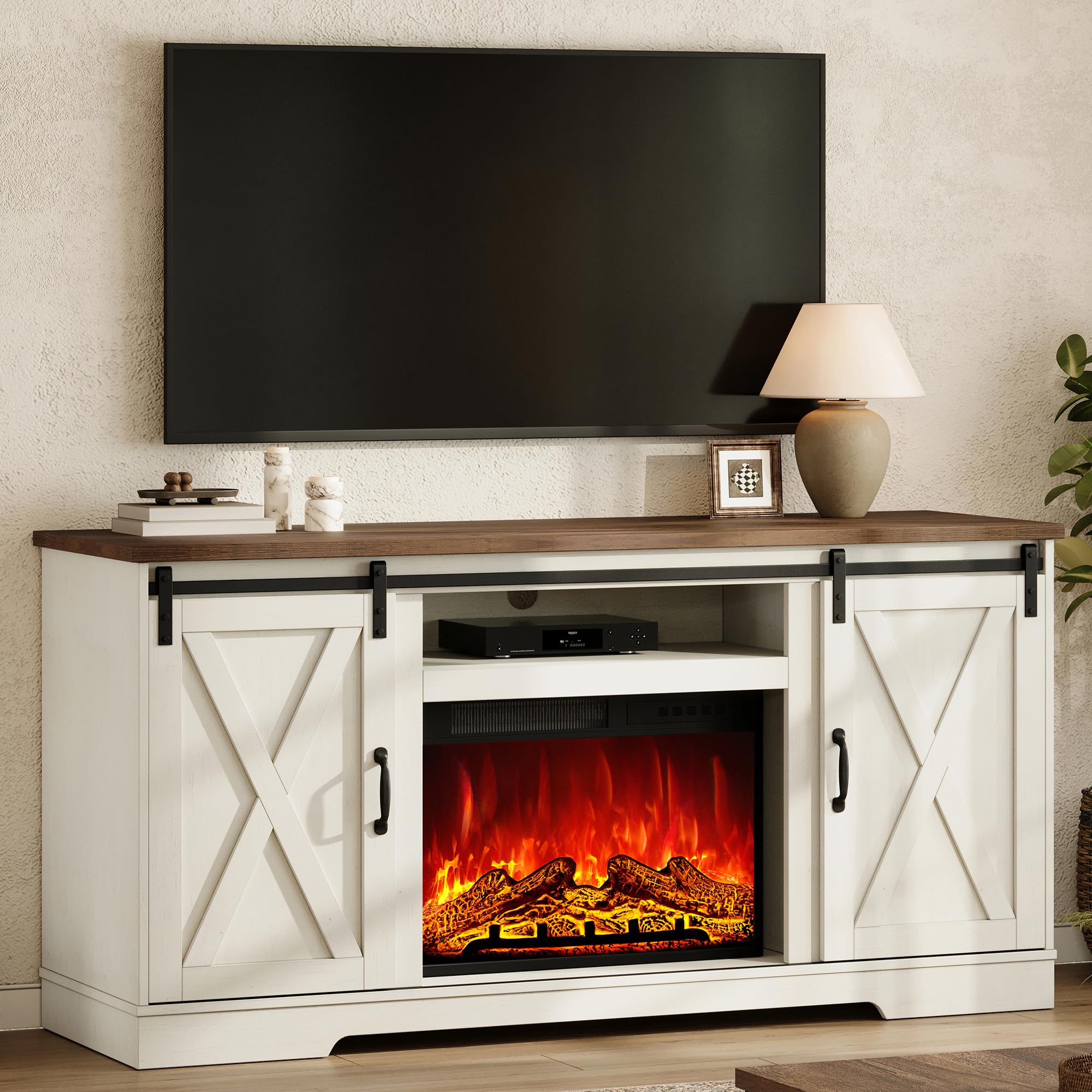 Amerlife 59-inch fireplace TV stand with sliding barn doors