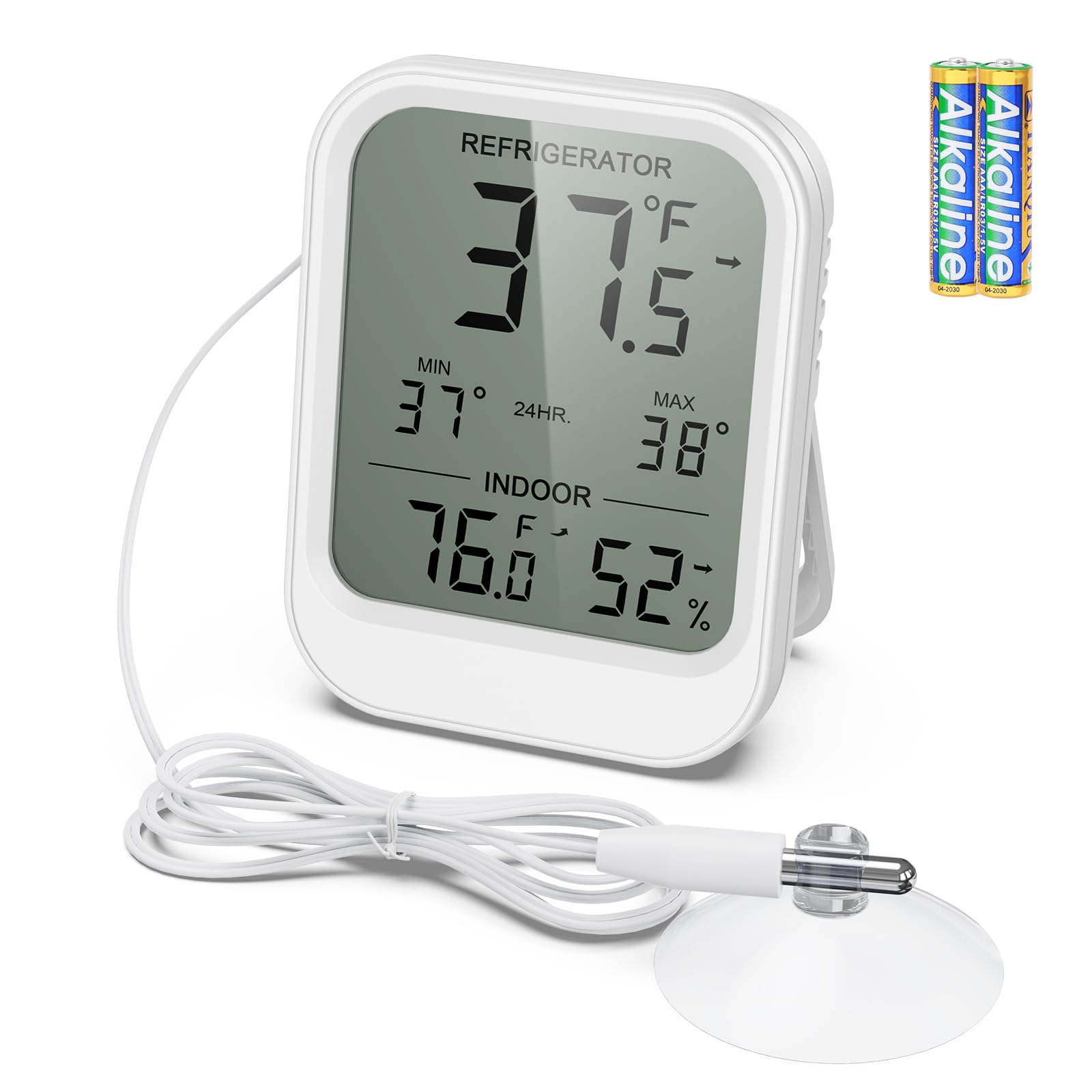 AMIR digital fridge thermometer with probe showing LCD display