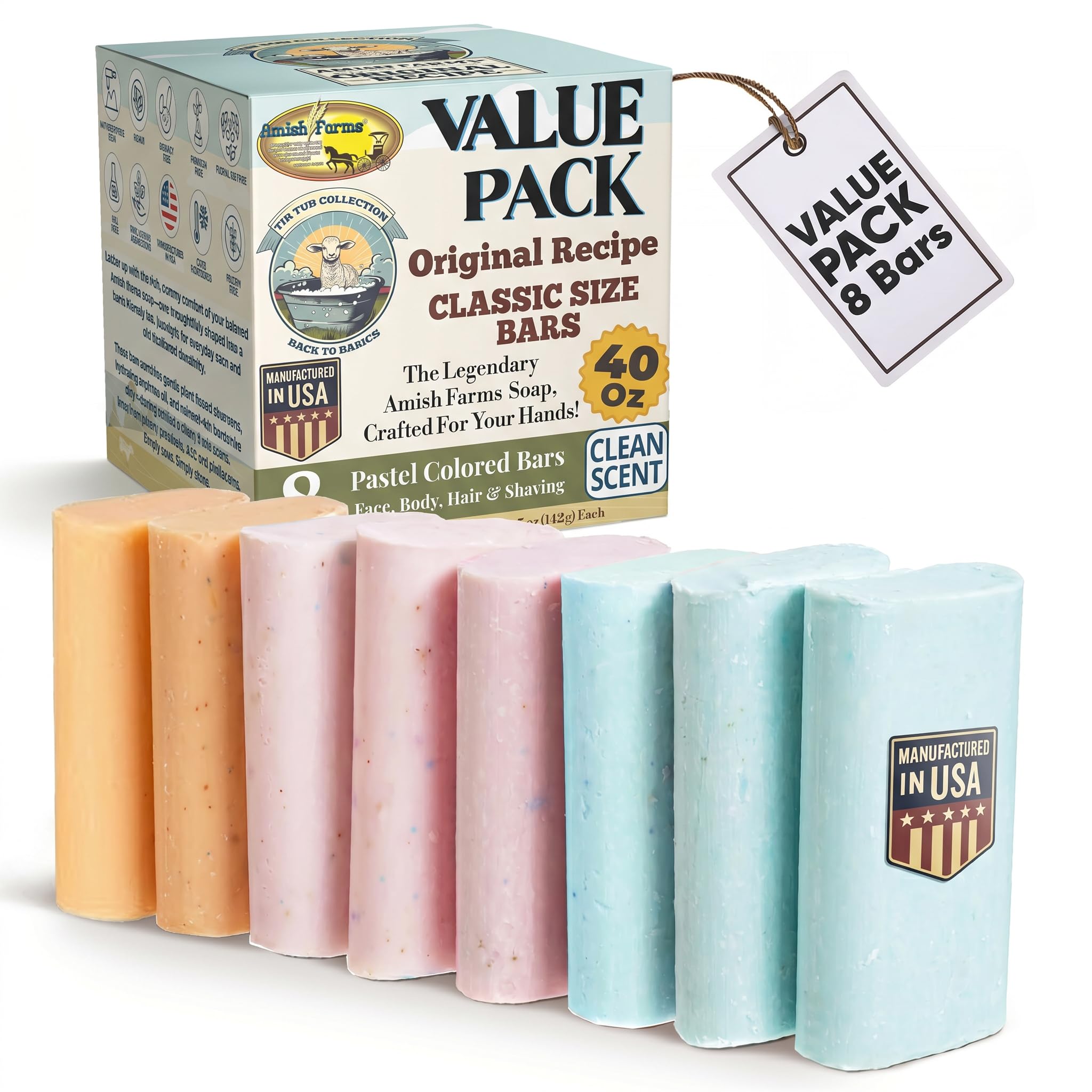 Amish Farms Soap 8-Bar Value Pack 5 oz bars in tin tub
