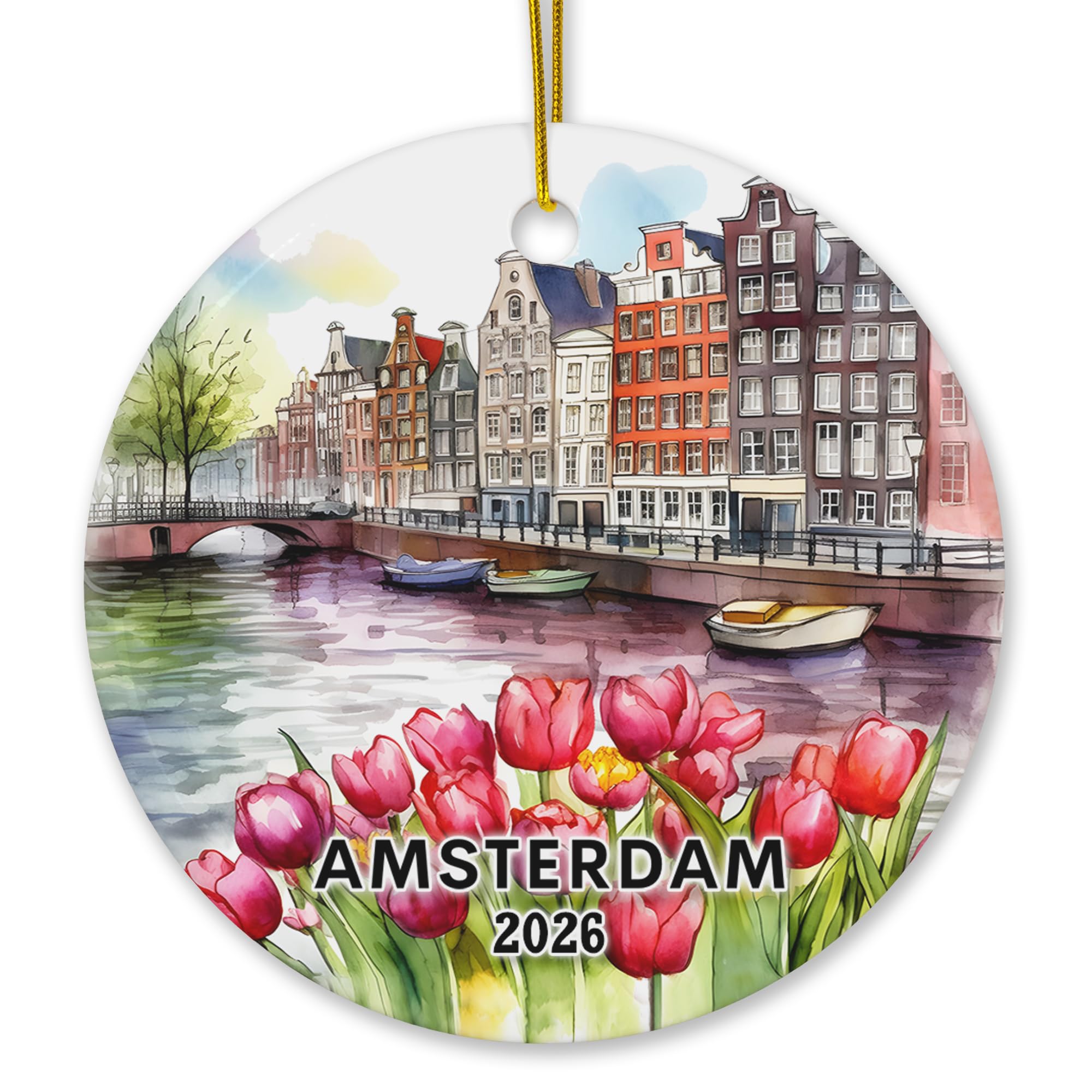 Amsterdam 2026 souvenir ornament canal houses bridge and tulips