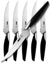 AMSZL steak knives set 6 serrated blades with black resin handles