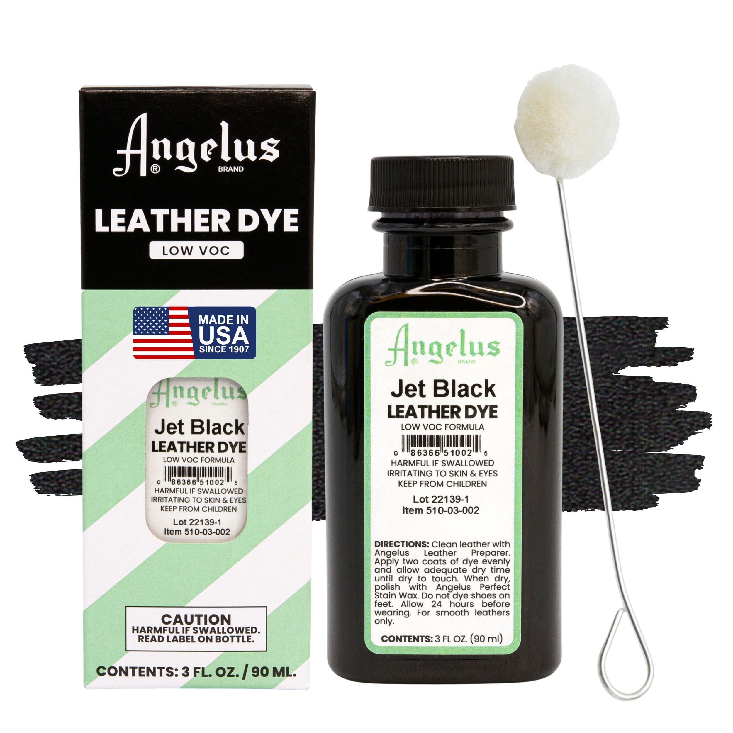 Angelus Leather Dye jet black 3oz bottle with dauber