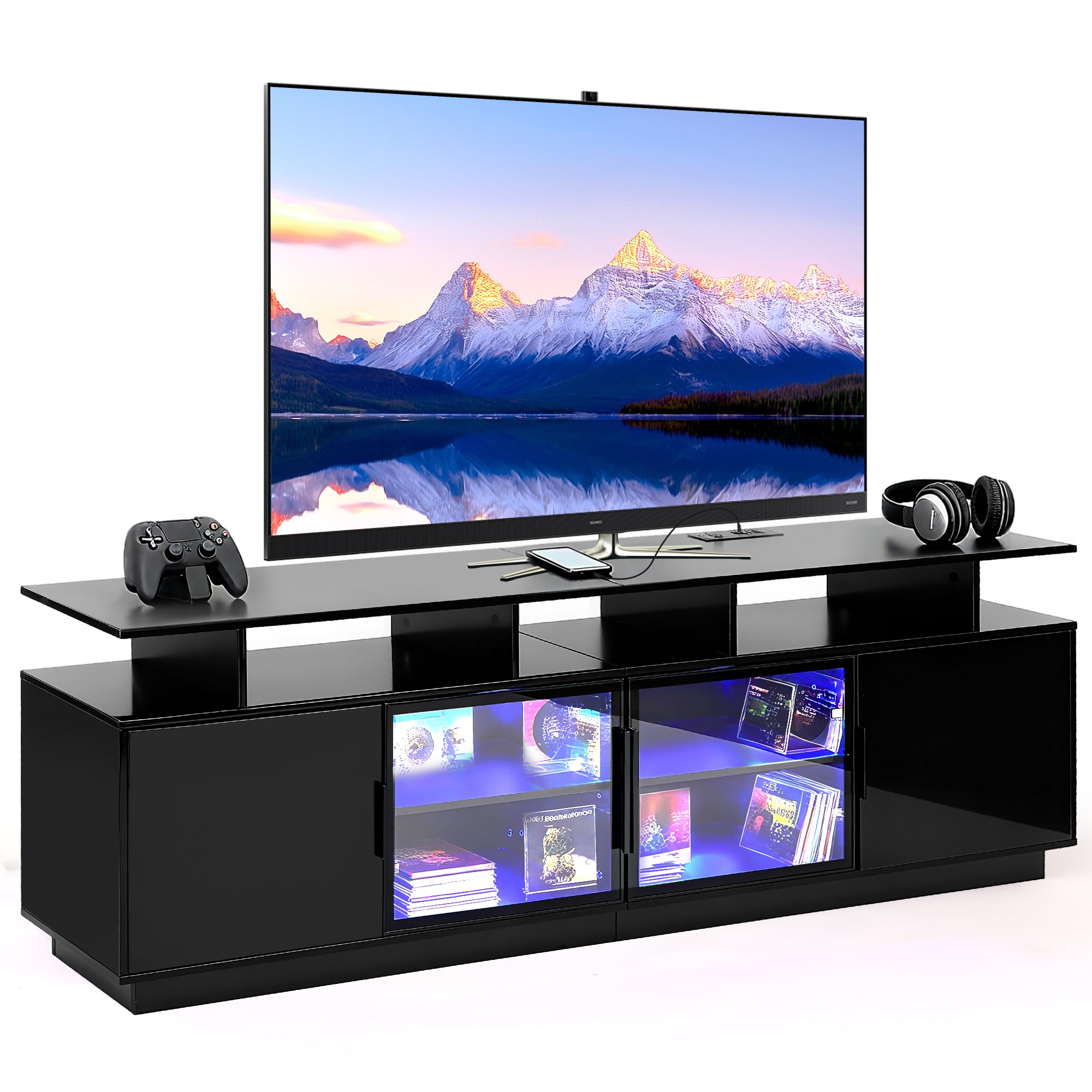 ansefe 70 Inch Black TV Stand living room with LED ambient lights