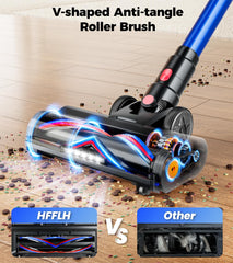 Anti-tangle LED floor brush close up with hair reduced